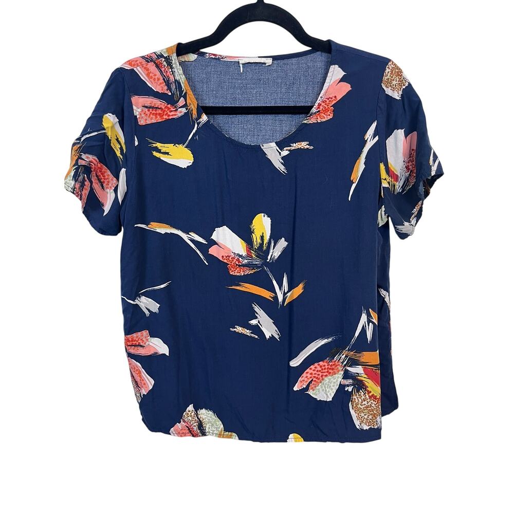 Bohme Blue Abstract Floral Scoop Neck Short Sleeve Loose Blouse Est M/L
